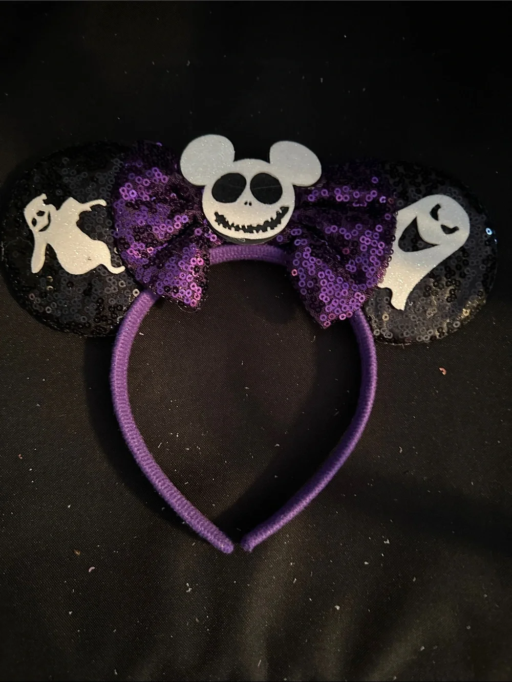 Jack Nightmare before Christmas Purple Sequin Ghost Mouse Ears Headband -